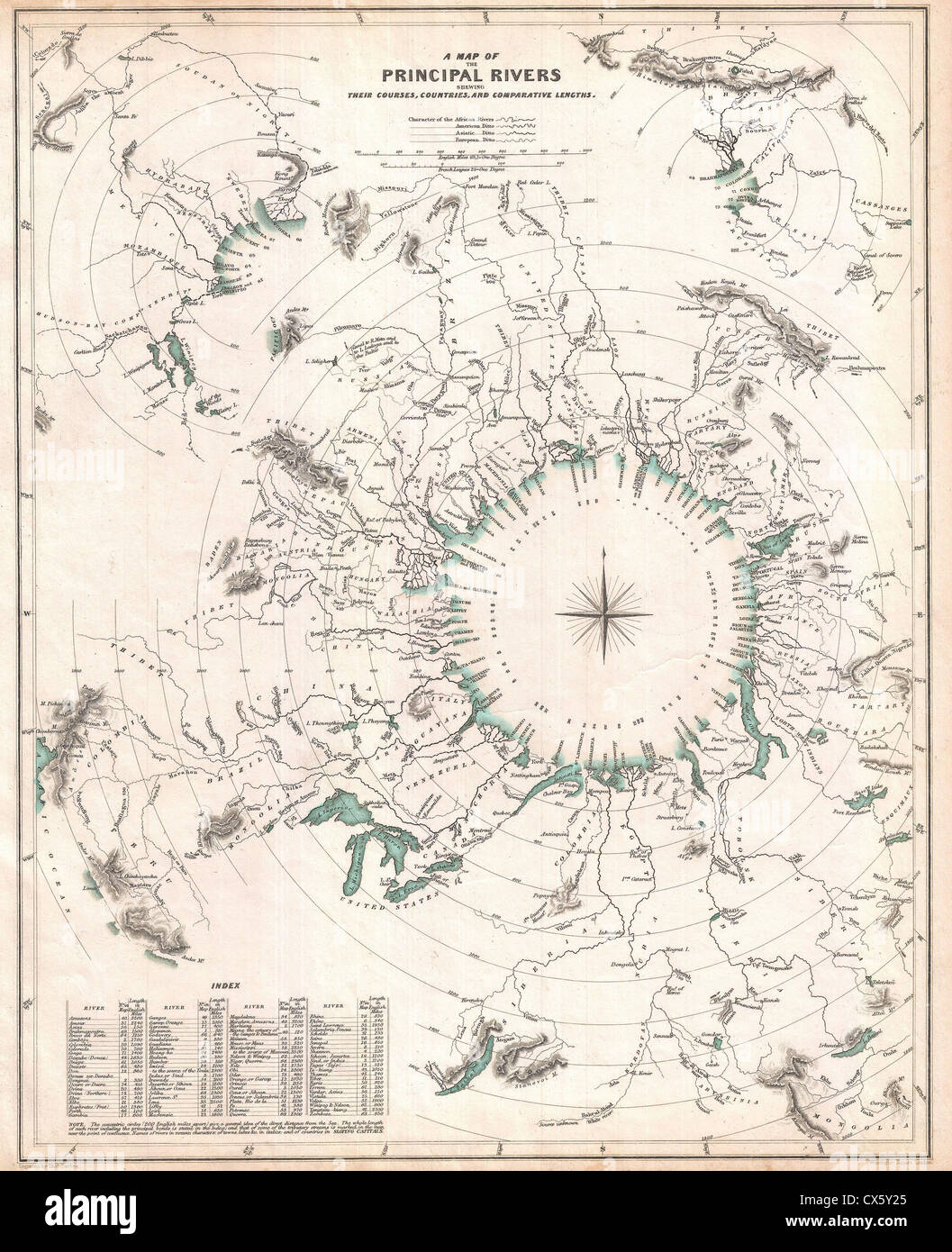 1834 S.D.U.K. Mappa di confronto o il grafico del mondo grandi fiumi Foto Stock