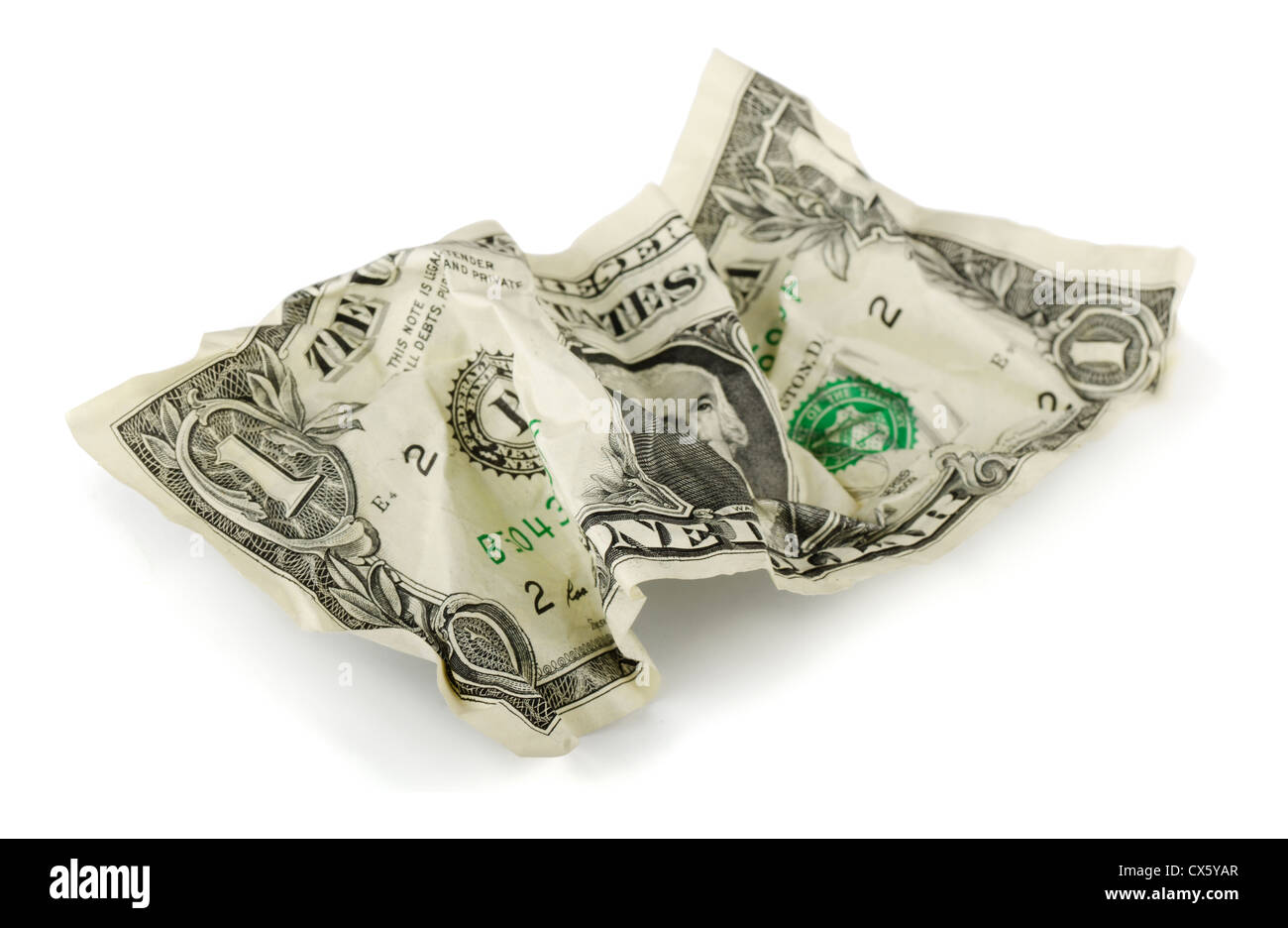 Crumpled uno US dollar bill isolato su bianco Foto Stock