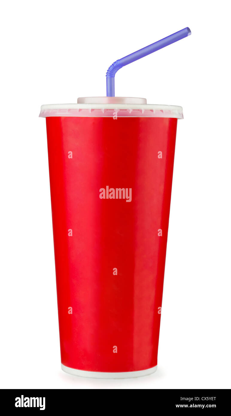 Rosso di carta monouso tazza isolata su bianco Foto Stock