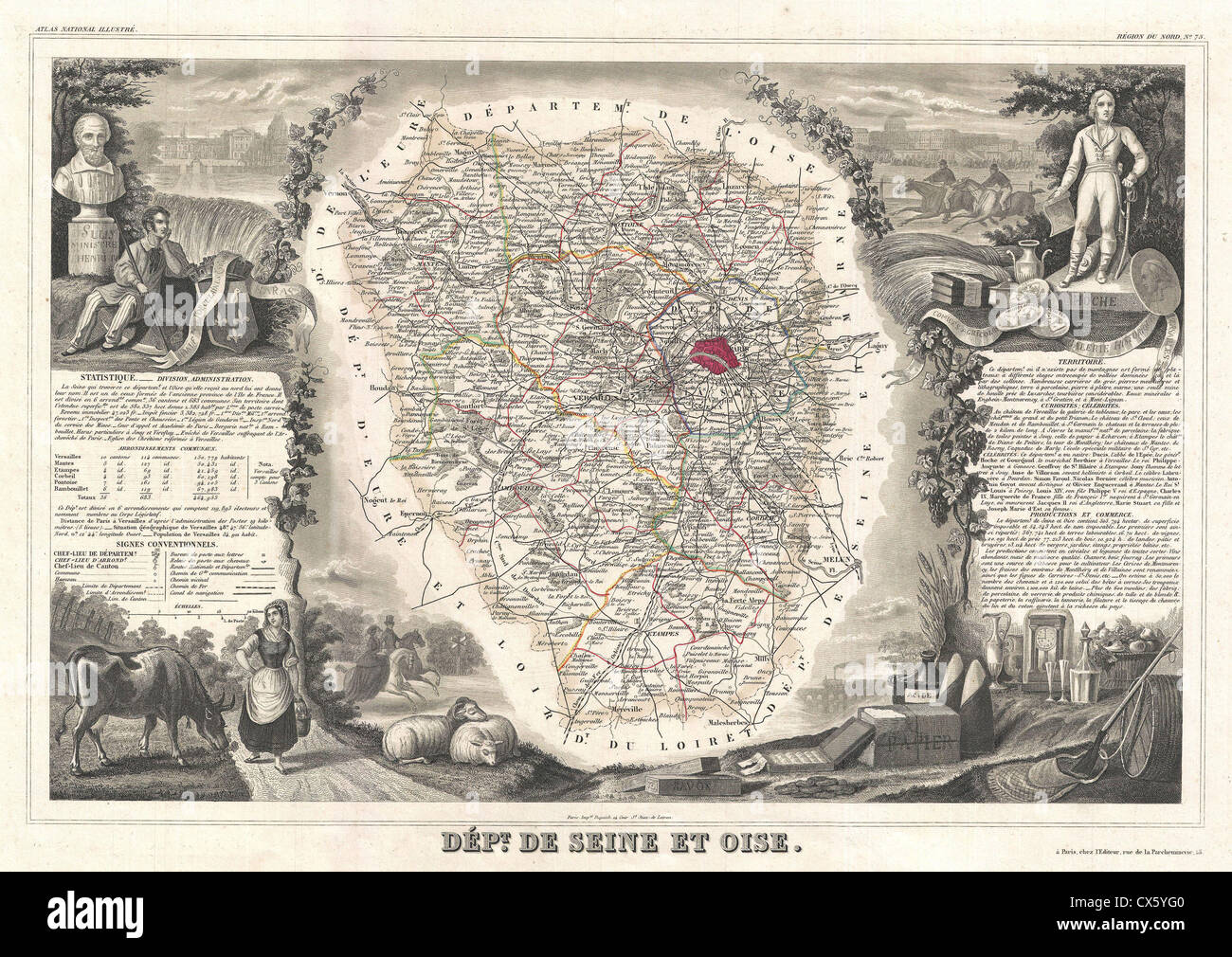 1852 Levasseur Mappa di Seine-et-Oise (Parigi) Foto Stock