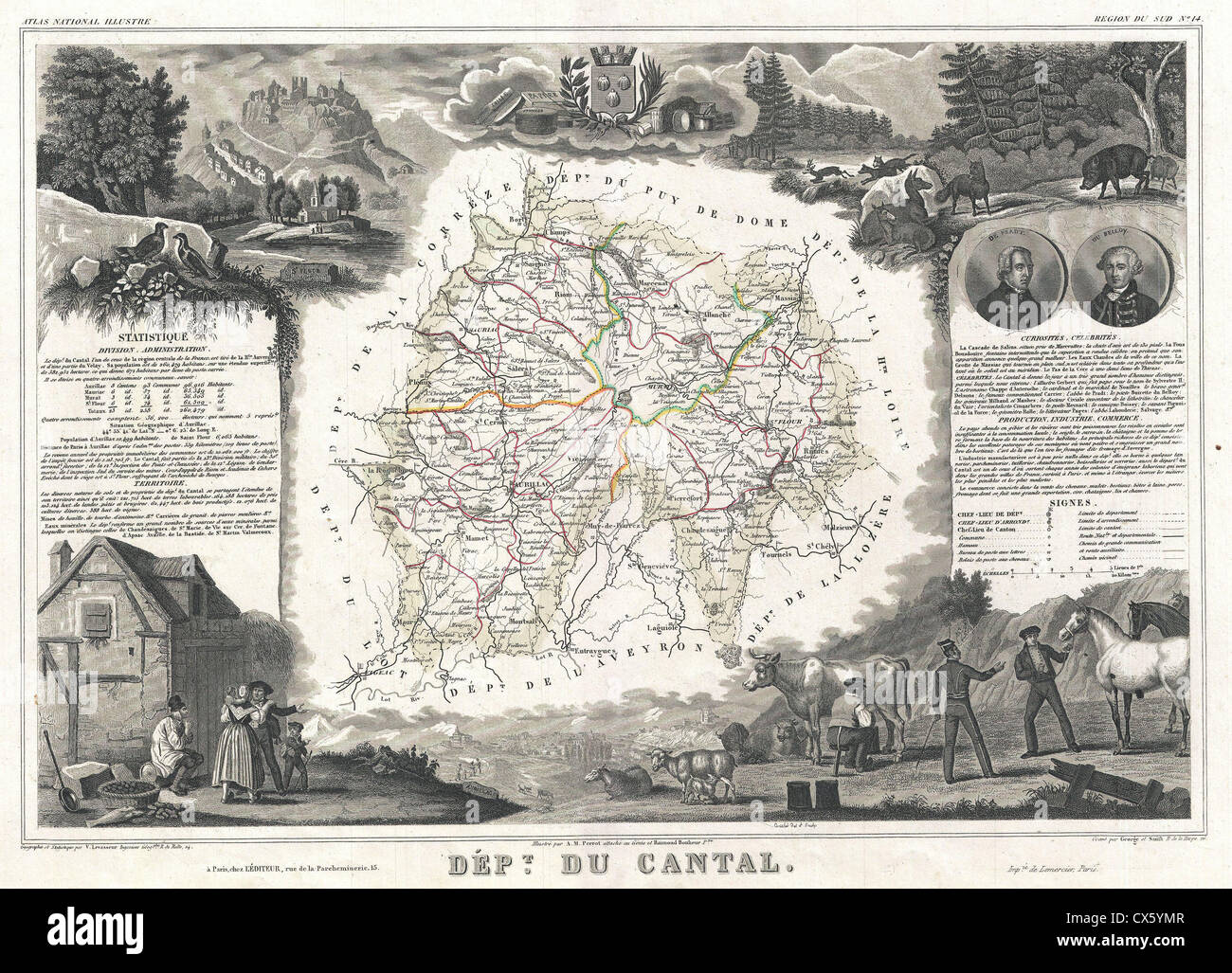 1852 Levasseur Mappa del Dipartimento du Cantal, Francia (formaggio Cantal Regione) Foto Stock