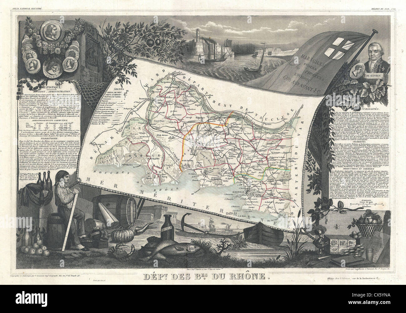1852 Levasseur Mappa del Dipartimento Bes du Rhone, Francia Foto Stock
