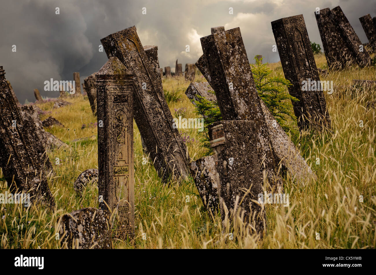 Gli oggetti contrassegnati per la rimozione definitiva nel vecchio cimitero sulla collina Foto Stock