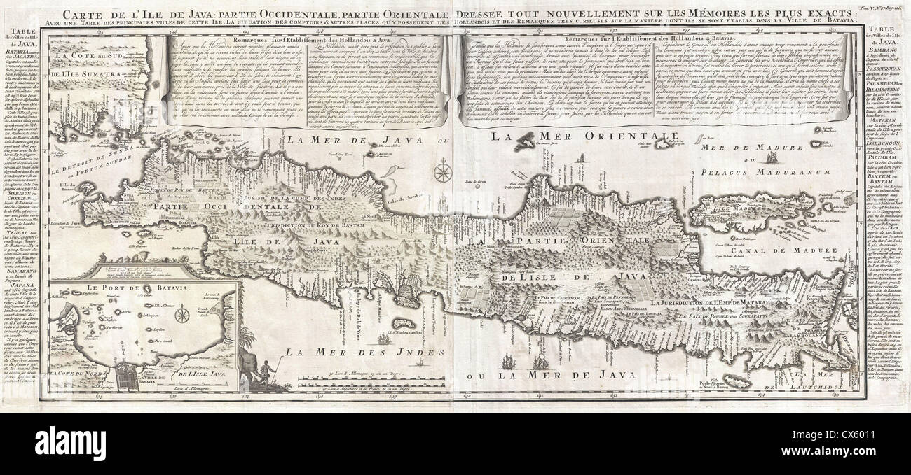 La mappa Chatelain del 1718 di Giava mostra la geografia dell'isola all'inizio del XVIII secolo. Descrive in dettaglio la costa, i principali insediamenti e le regioni di quella che allora era parte delle Indie Orientali olandesi. Foto Stock