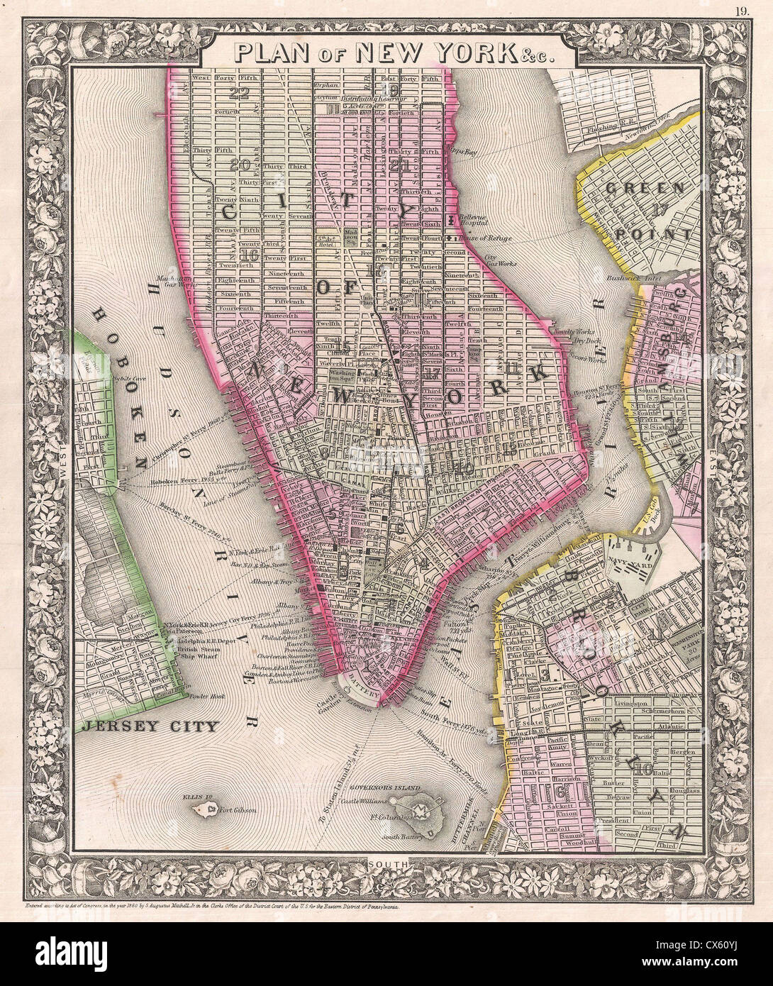 La Mappa Mitchell del 1866 di New York e Brooklyn è un'antica mappa storica che offre una rappresentazione dettagliata del paesaggio urbano e delle aree circostanti durante il XIX secolo. Questa mappa mostra le strade, i quartieri e i monumenti principali come erano a metà degli anni '1800 Foto Stock