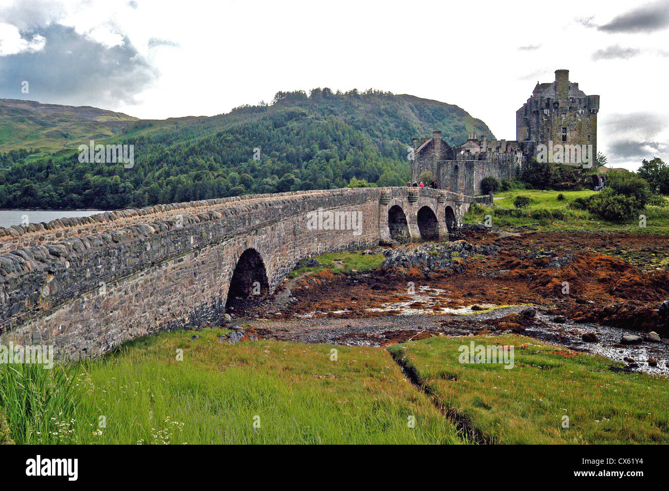 Eilean Donan Castle sorge su di una isola dove tre grandi laghi del mare incontra nei pressi del villaggio di Dornie nelle Highlands della Scozia Foto Stock