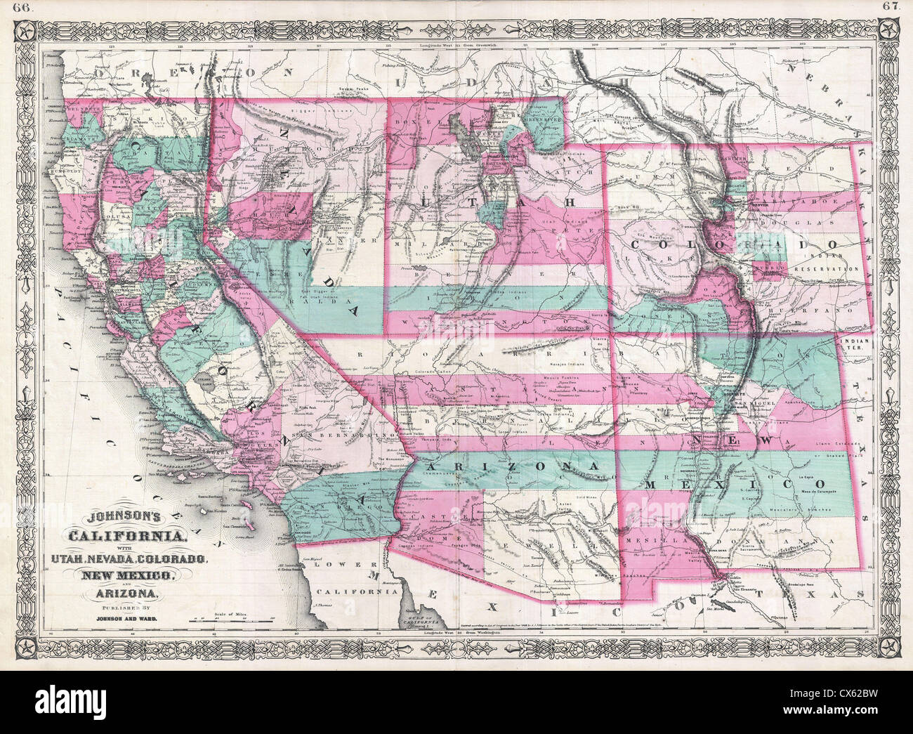 La Johnson Map del 1866 offre una prospettiva storica del West americano, compresi i territori di California, Colorado, Arizona, New Mexico, Nevada, e Utah durante il XIX secolo. Foto Stock