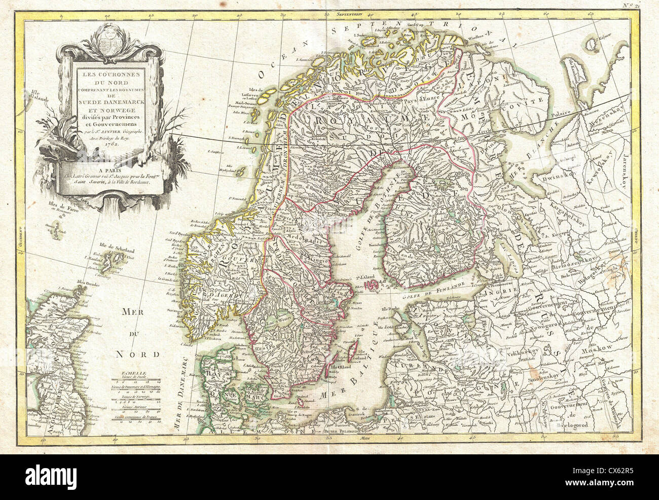 1762 Janvier Mappa della Scandinavia - Norvegia, Svezia, Danimarca, Finlandia Foto Stock