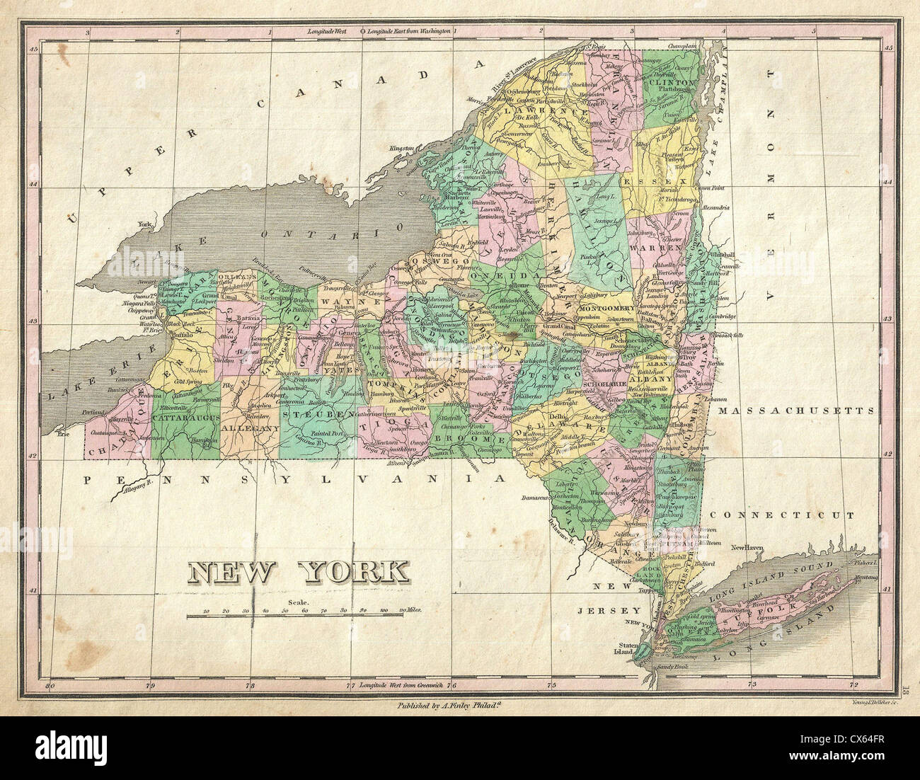 1827 Finley Mappa dello Stato di New York Foto Stock