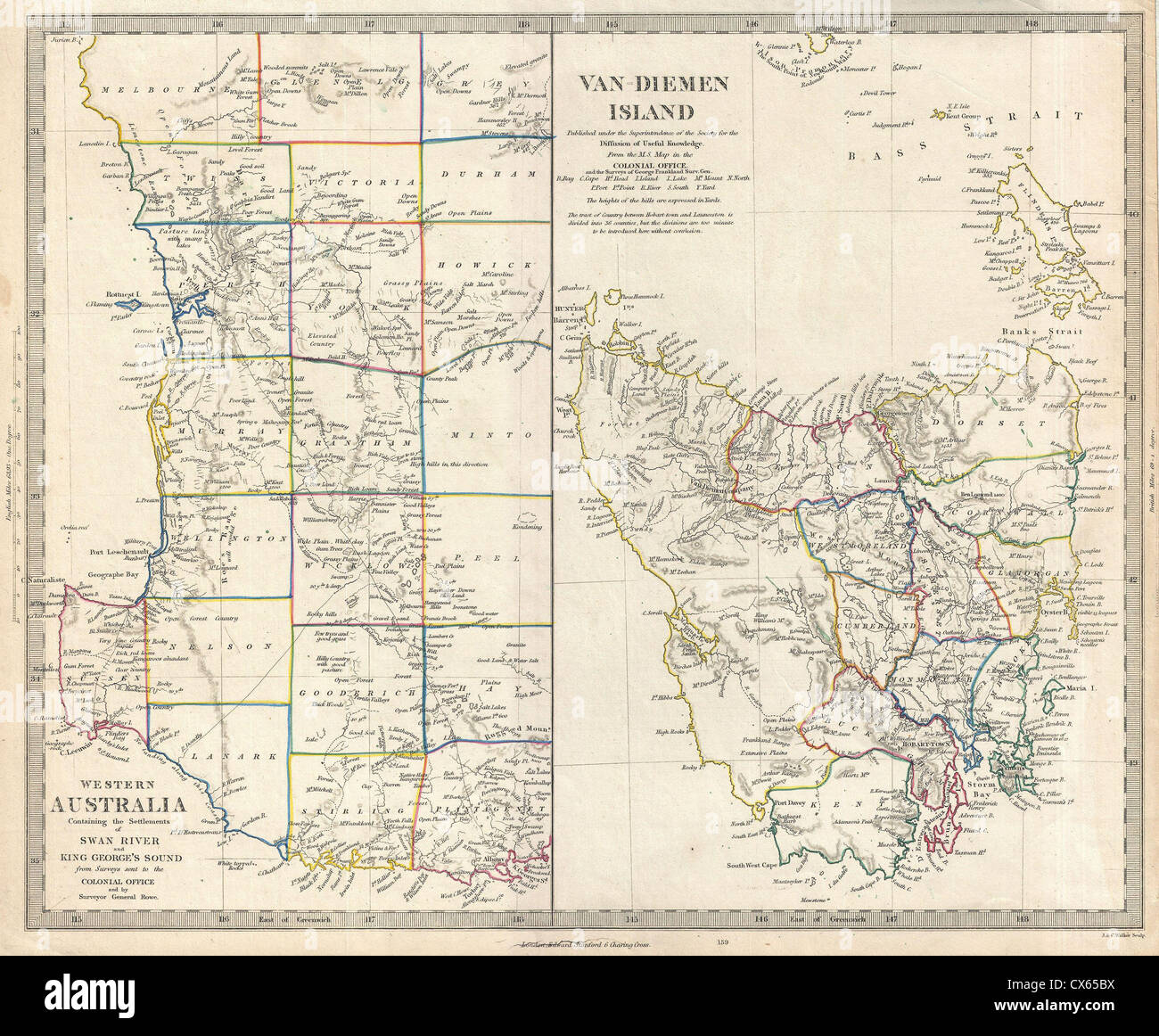1849 S.D.U.K. Mappa di Tasmania o Van Diemen's Land e dell Australia Occidentale Foto Stock