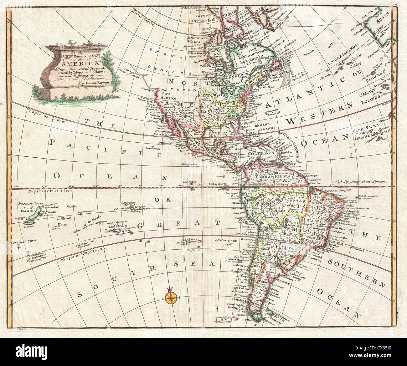 La Bowen Map of North America and South America del 1747 fornisce una rappresentazione dell'emisfero occidentale all'inizio del XVIII secolo. Questa antica mappa offre approfondimenti sulla geografia, le divisioni territoriali e la conoscenza cartografica del tempo. Foto Stock