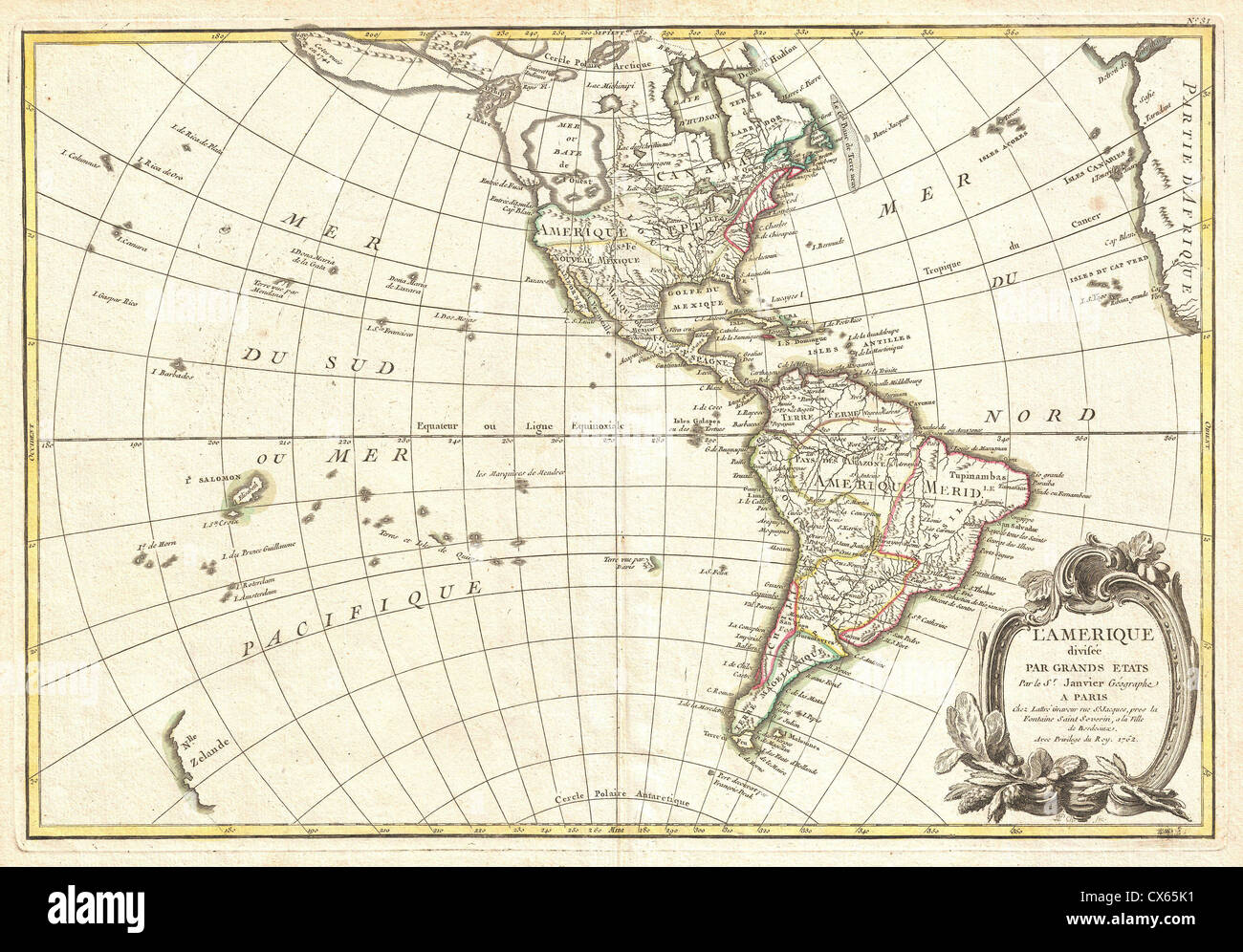 1762 Janvier Mappa di America del Nord e America del Sud (Mare del West) Foto Stock