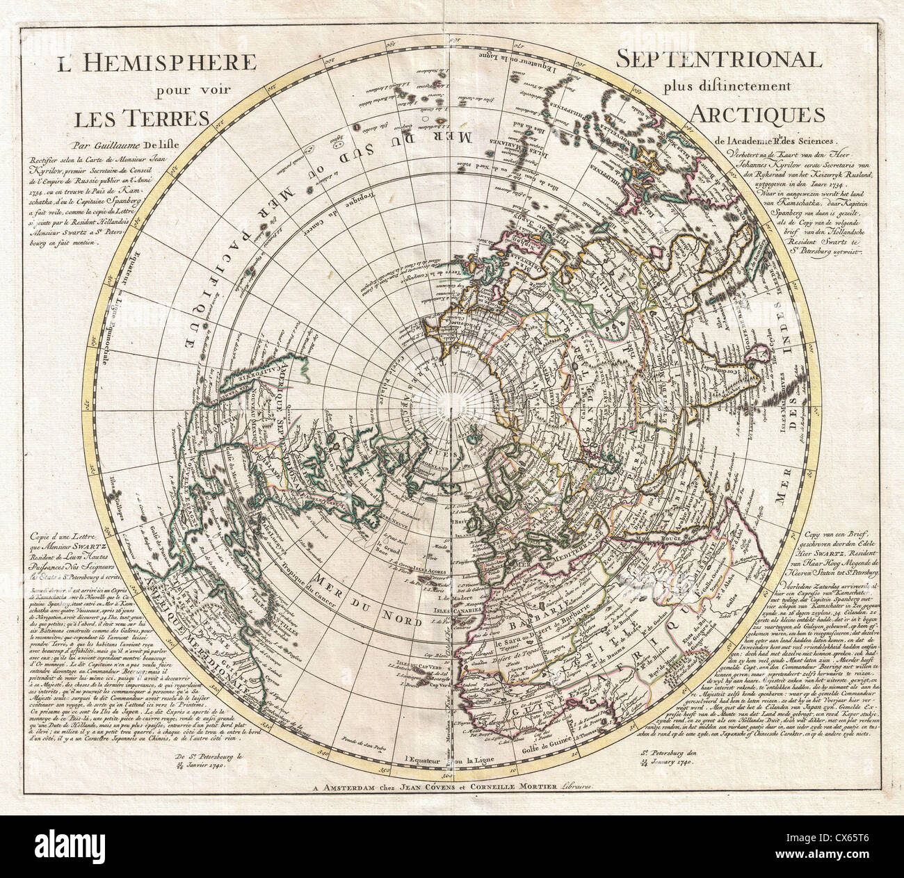 1741 conciliaboli e Mortier mappa dell'Emisfero Settentrionale ( Polo Nord, Arctic ) Foto Stock