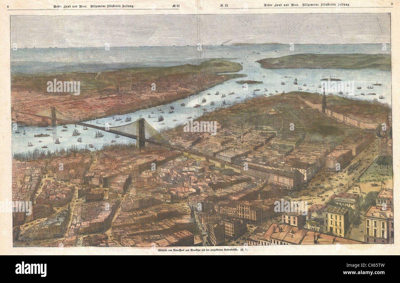 1883 Tedesco Vista mappa di Lower Manhattan, il Ponte di Brooklyn e Brooklyn Foto Stock