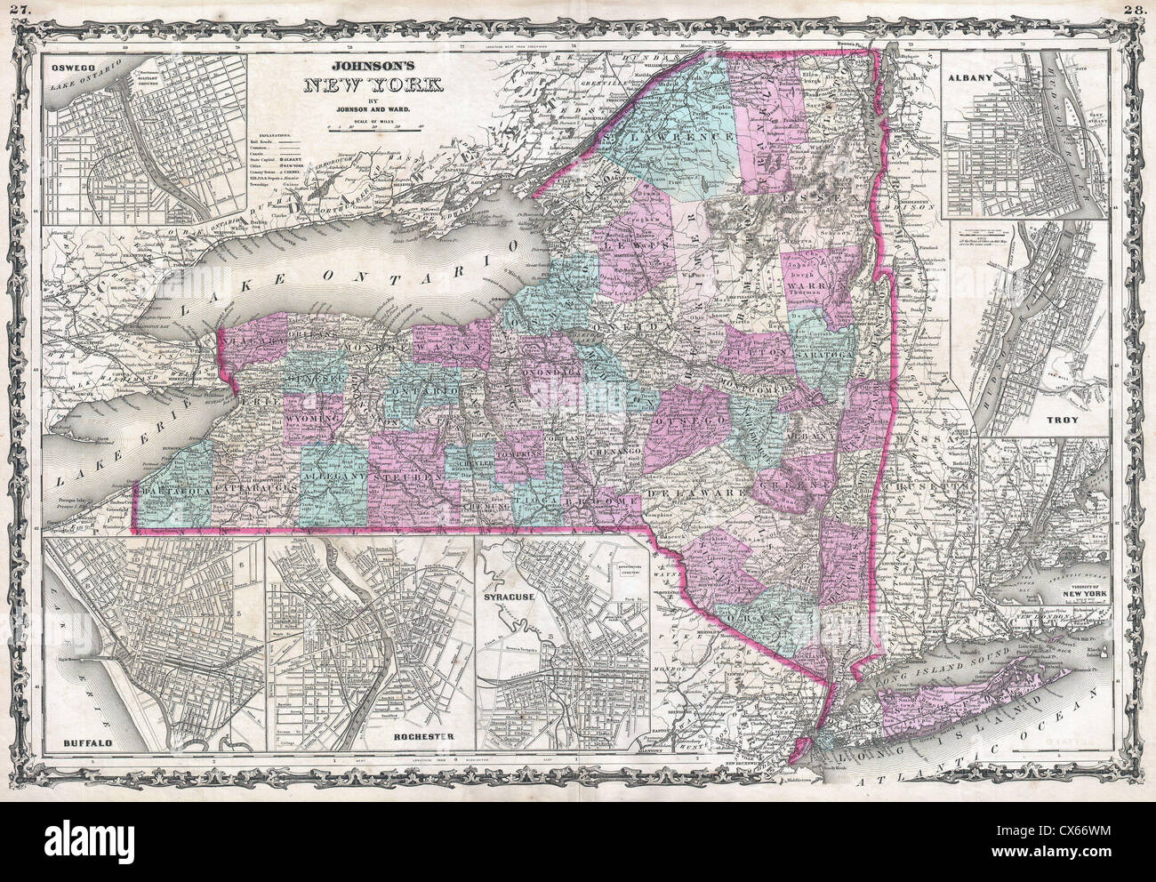 1862 Johnson Mappa dello Stato di New York Foto Stock