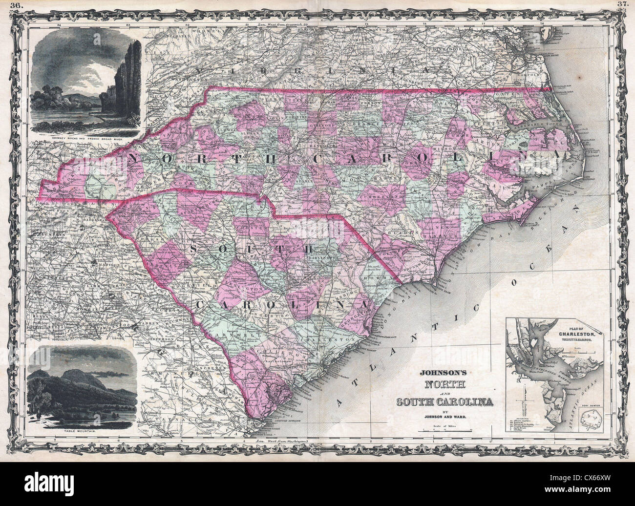 1862 Johnson Mappa della Carolina del Nord e Sud Carolina Foto Stock