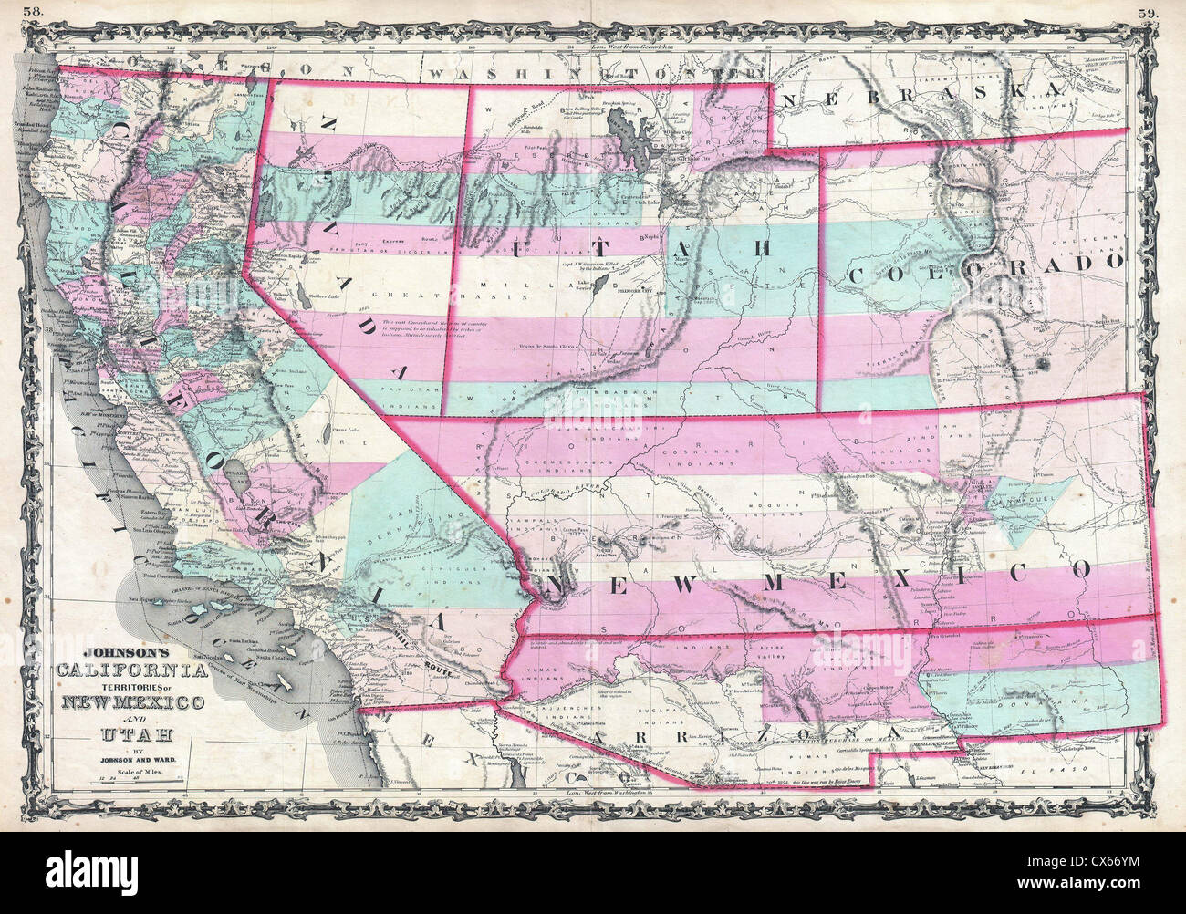 1862 Johnson Mappa della California, Nevada, Utah e Colorado, Nuovo Messico e Arizona Foto Stock