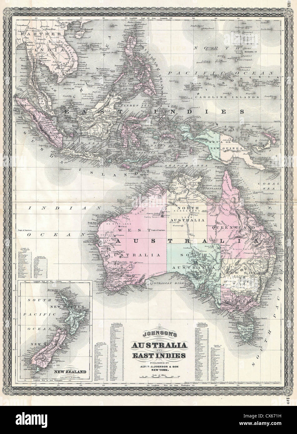 1870 Johnson Mappa di Australia, le Indie orientali e sud-est asiatico Foto Stock