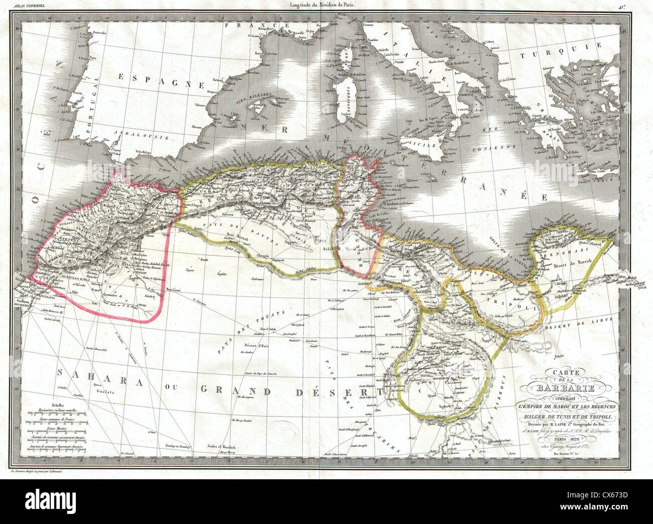 1829 Lapie Mappa del Mediterraneo orientale, il Marocco e al Barbary Coast Foto Stock