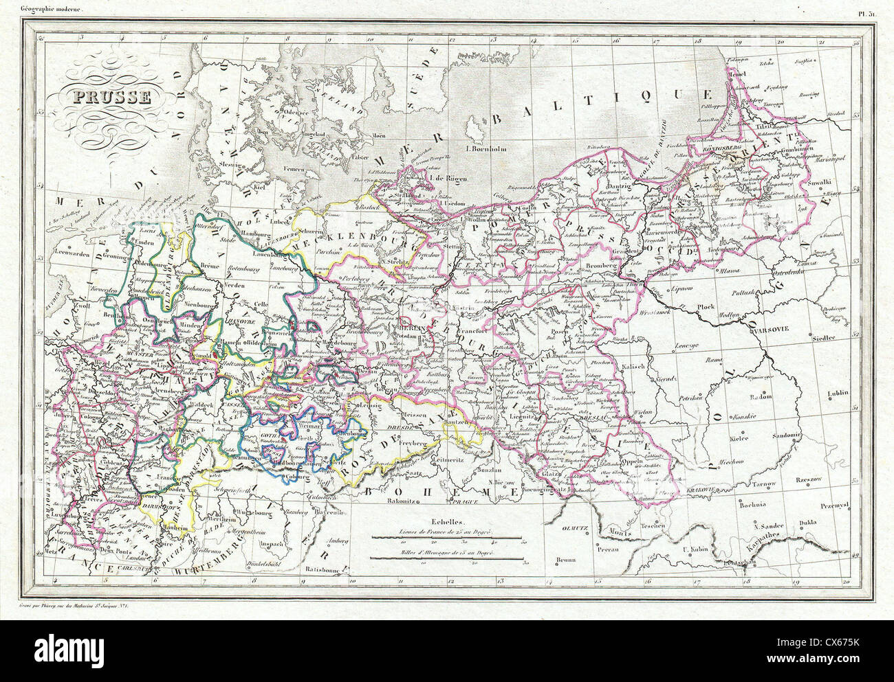 1843 Malte-Brun Mappa di Prussia, Germania Foto Stock
