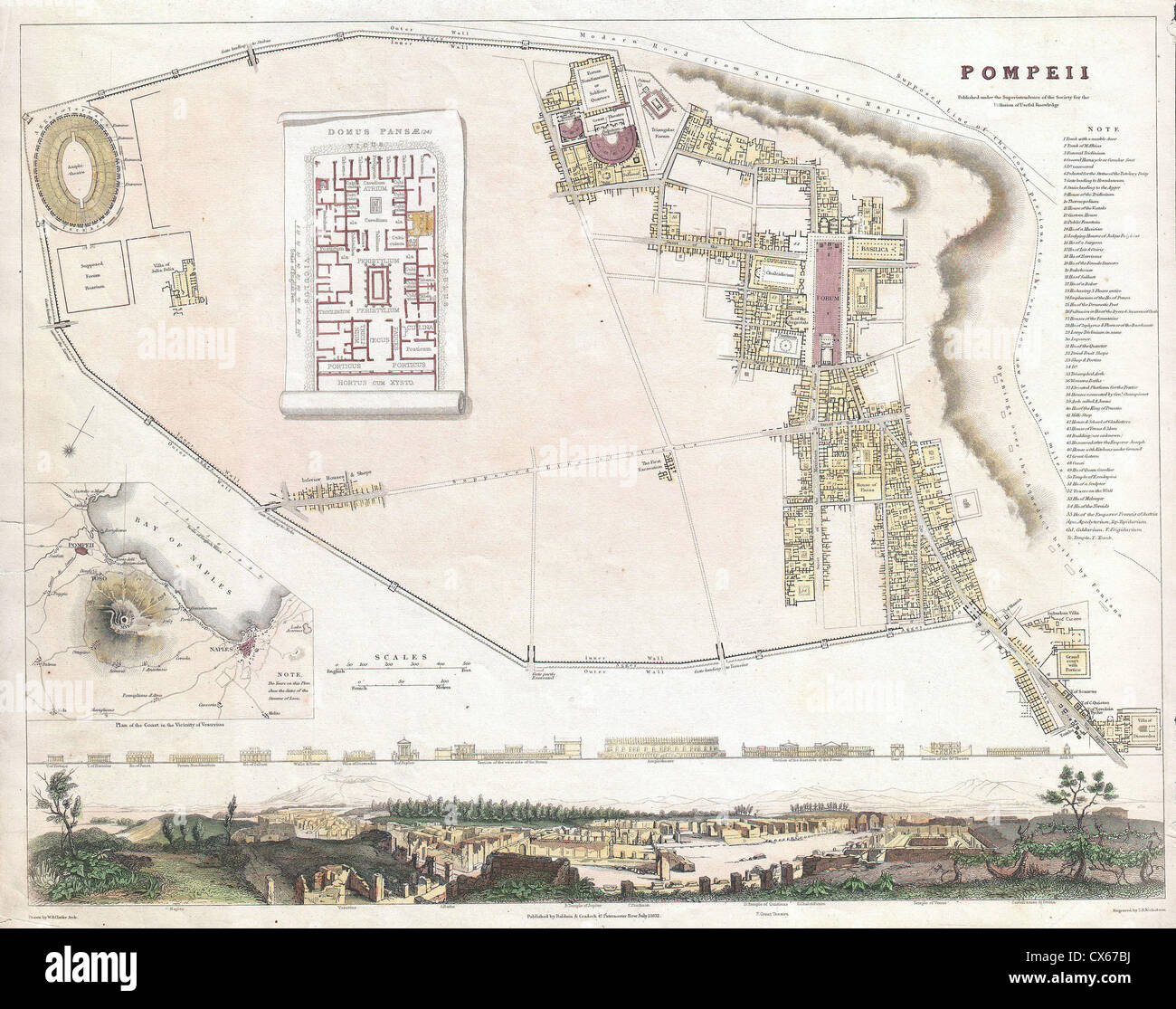 1832 S.D.U.K. Pianta della città o la mappa di Pompei, Italia Foto Stock