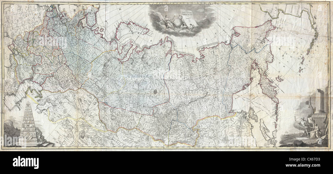 La carta murale dell'Impero russo del 1787 è una mappa antica che fornisce una rappresentazione dettagliata del vasto territorio della Russia durante la fine del XVIII secolo, mostrando confini politici, caratteristiche geografiche e città chiave. Foto Stock