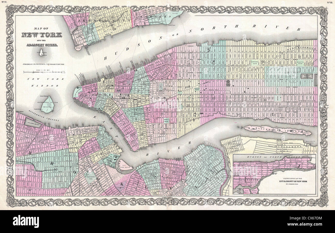 1855 Colton Mappa della città di New York Manhattan, Brooklyn, Hoboken (prima edizione) Foto Stock