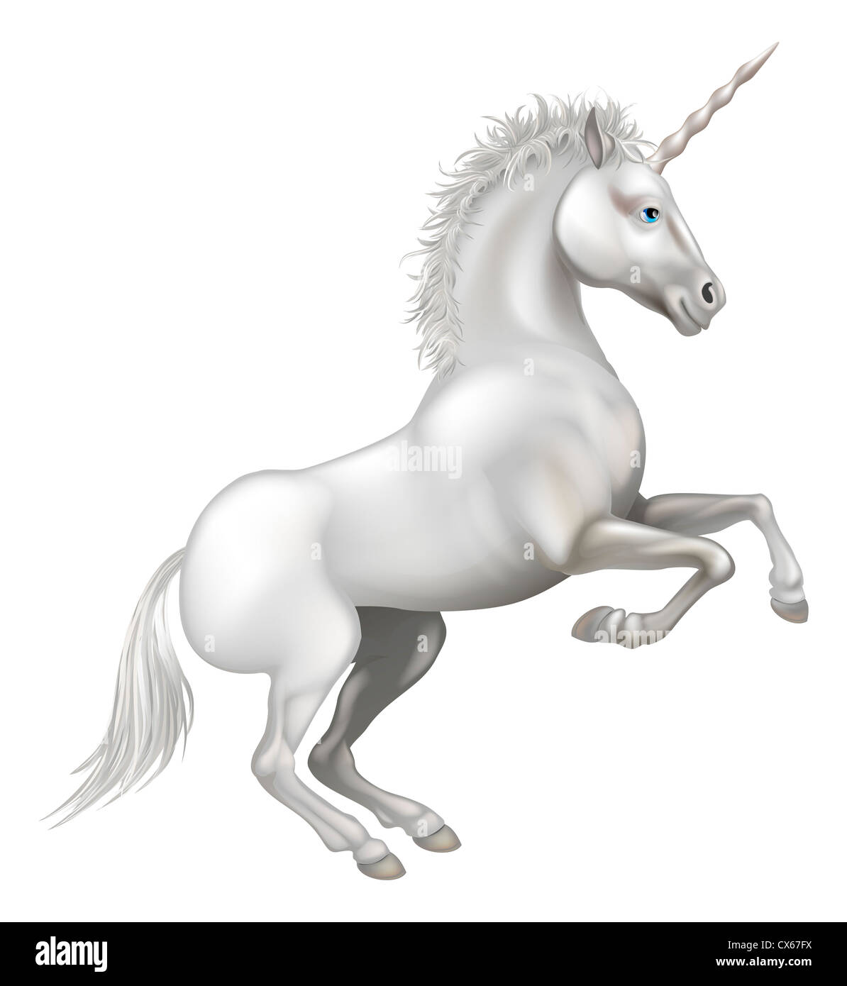 Illustrazione di un amichevole sorridenti cartoon unicorn allevamento sulle zampe posteriori Foto Stock