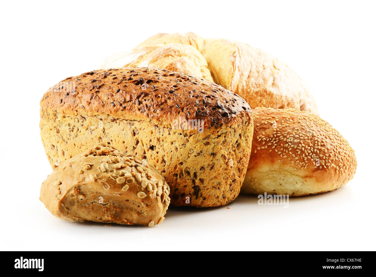 Composizione con il pane e i panini sul tavolo da cucina Foto Stock