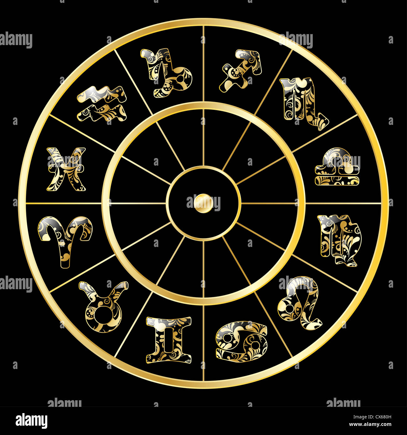 Golden Circle con segni zodiacali su sfondo nero Foto Stock