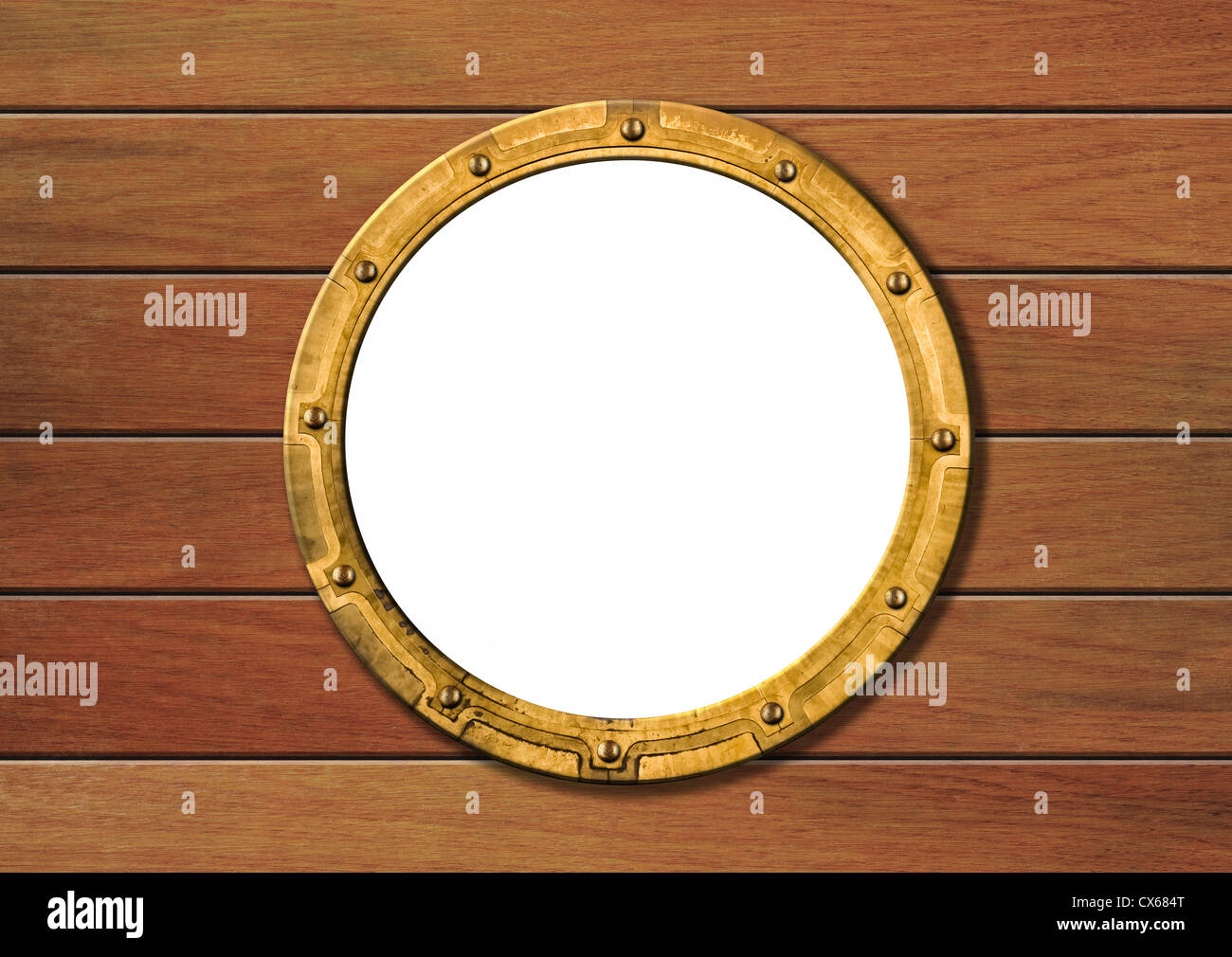 Nave oblò sulla parete in legno isolata Foto Stock