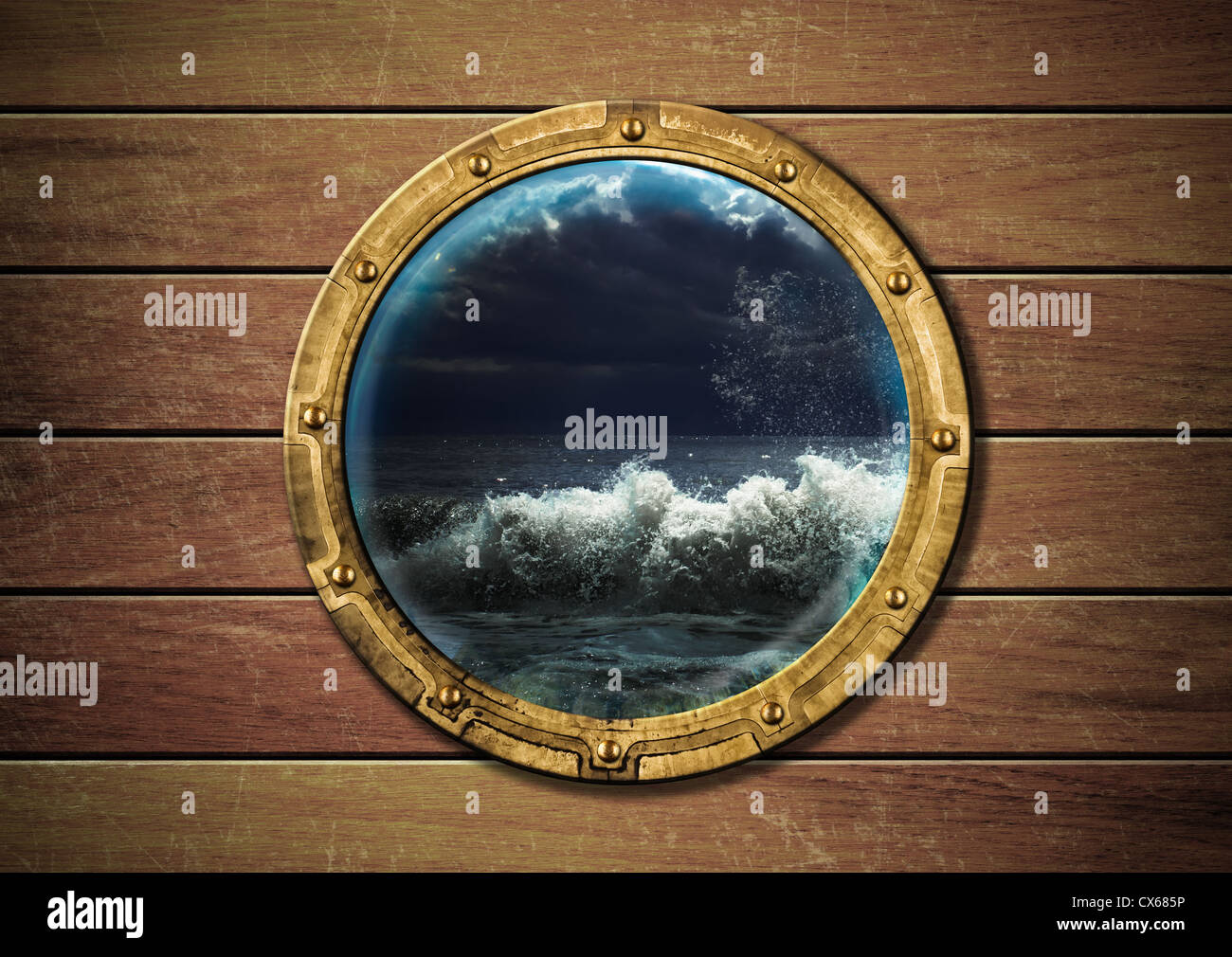 Nave oblò con storm al di fuori Foto Stock