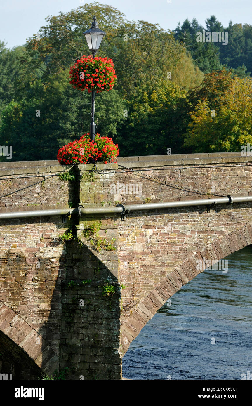 Display floreale sul ponte Usk, Usk, Monmouthshire Foto Stock