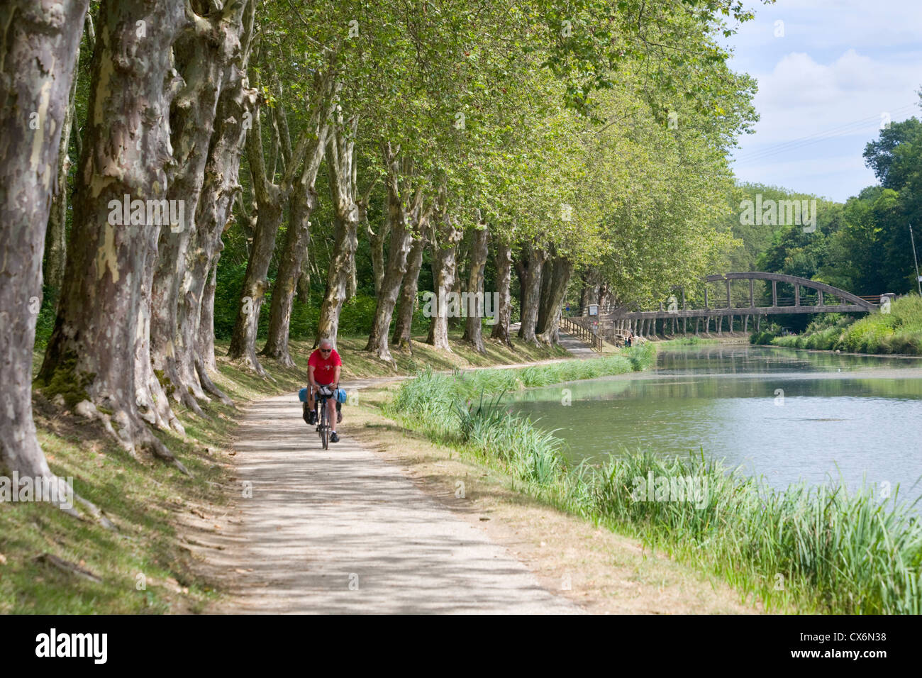 Laterale del canale a la Garonne (Canal du Midi) vicino a castets en dorthe, Gironde, Francia Foto Stock