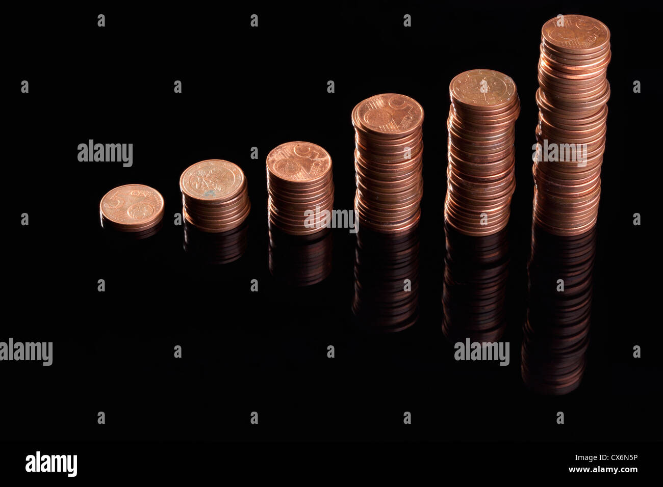 File di pile di cinque cento Euro monete aumenta di dimensione Foto Stock