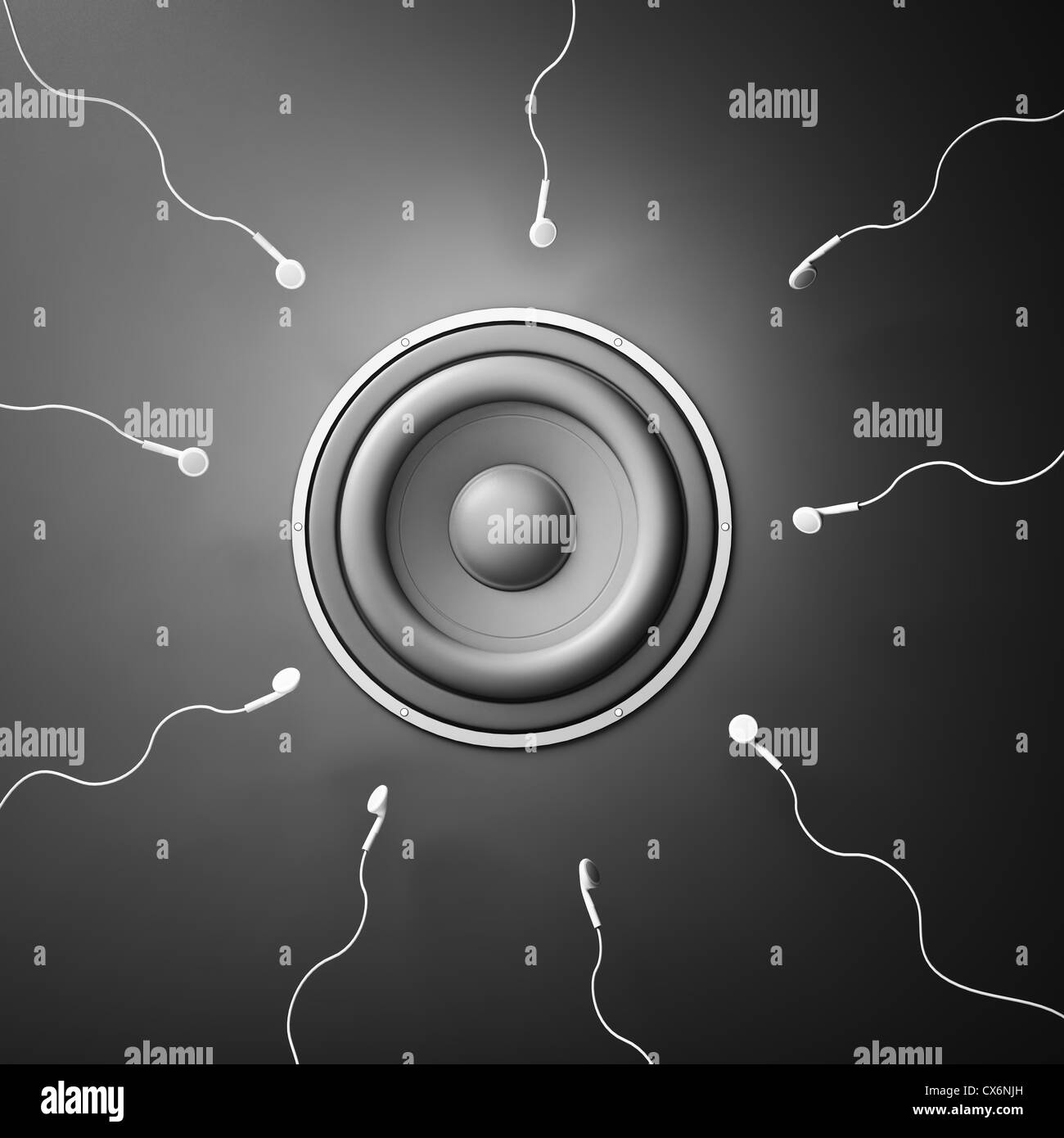 Gli auricolari sagomati come cellule spermatiche nel tentativo di raggiungere un altoparlante - musica passione concept Foto Stock