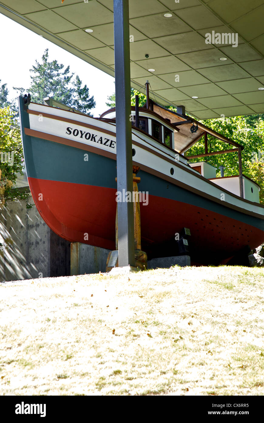 Ripristinato Soyokaze (dolce vento) cod in legno barca da pesca Campbell Museo del Fiume coperto display esterno Foto Stock