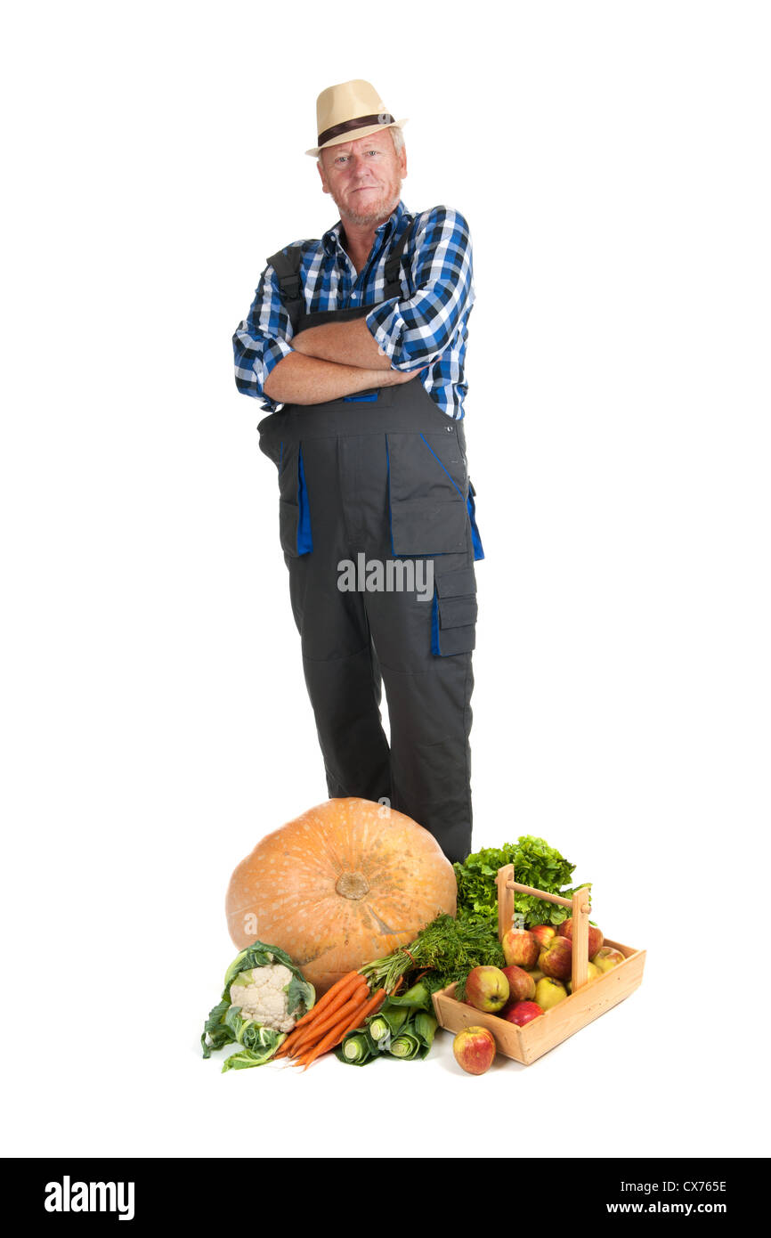 Giardiniere fieri su frutta e verdura Foto Stock