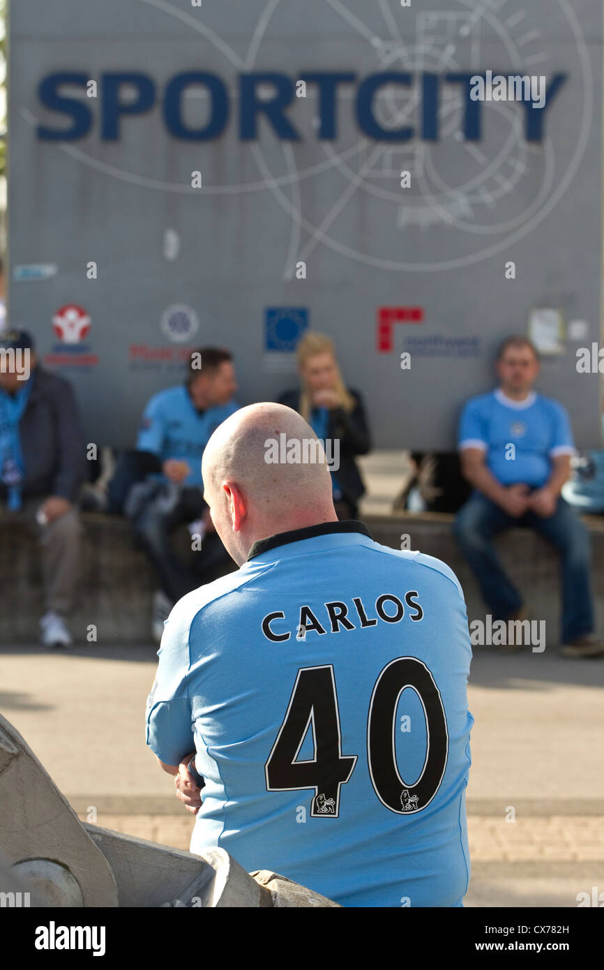 Manchester City Football Fans all'interno Sportcity, casa del Manchester City Football Club, Manchester, Inghilterra, Regno Unito Foto Stock