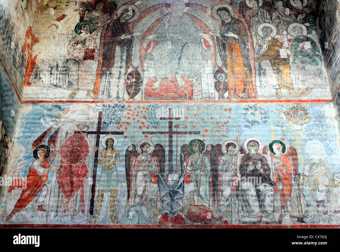 Pittura murale (XIII secolo), la chiesa della Dormizione, Timotesubani, Samtskhe-Javakheti, Georgia Foto Stock