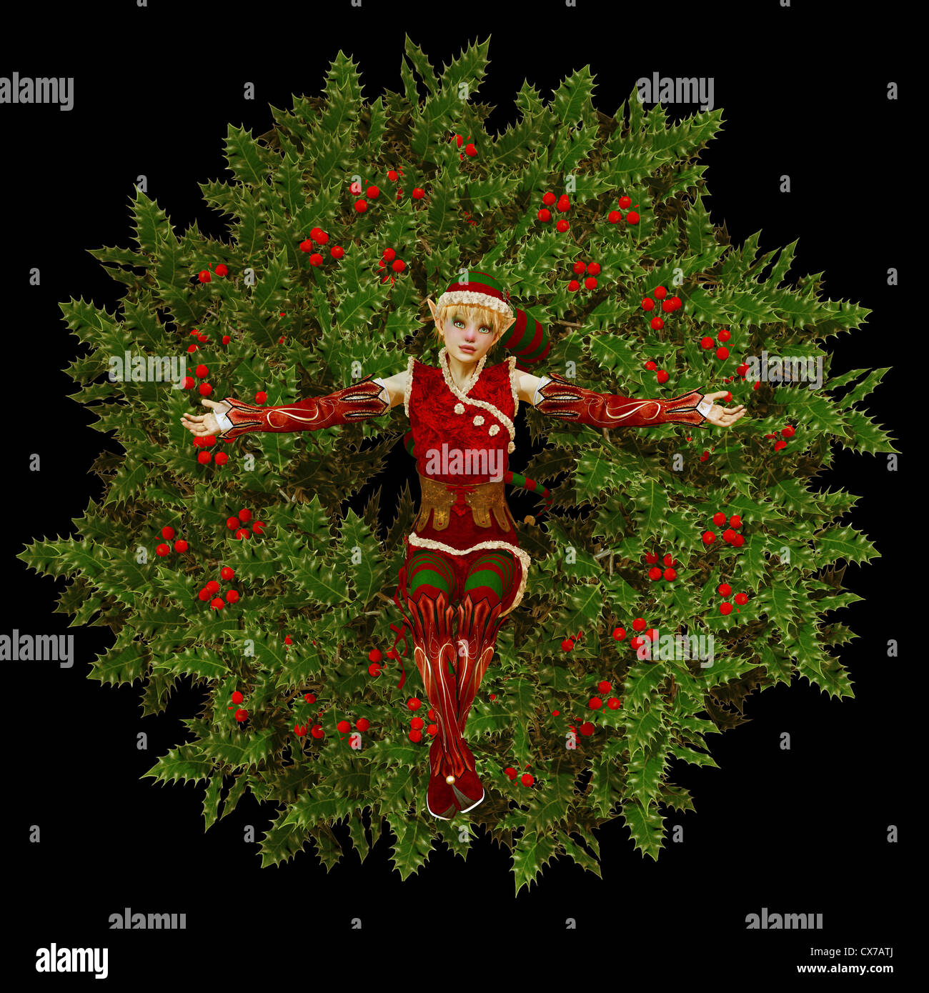 Un simpatico Natale elf è seduta in una ghirlanda di Natale Foto Stock