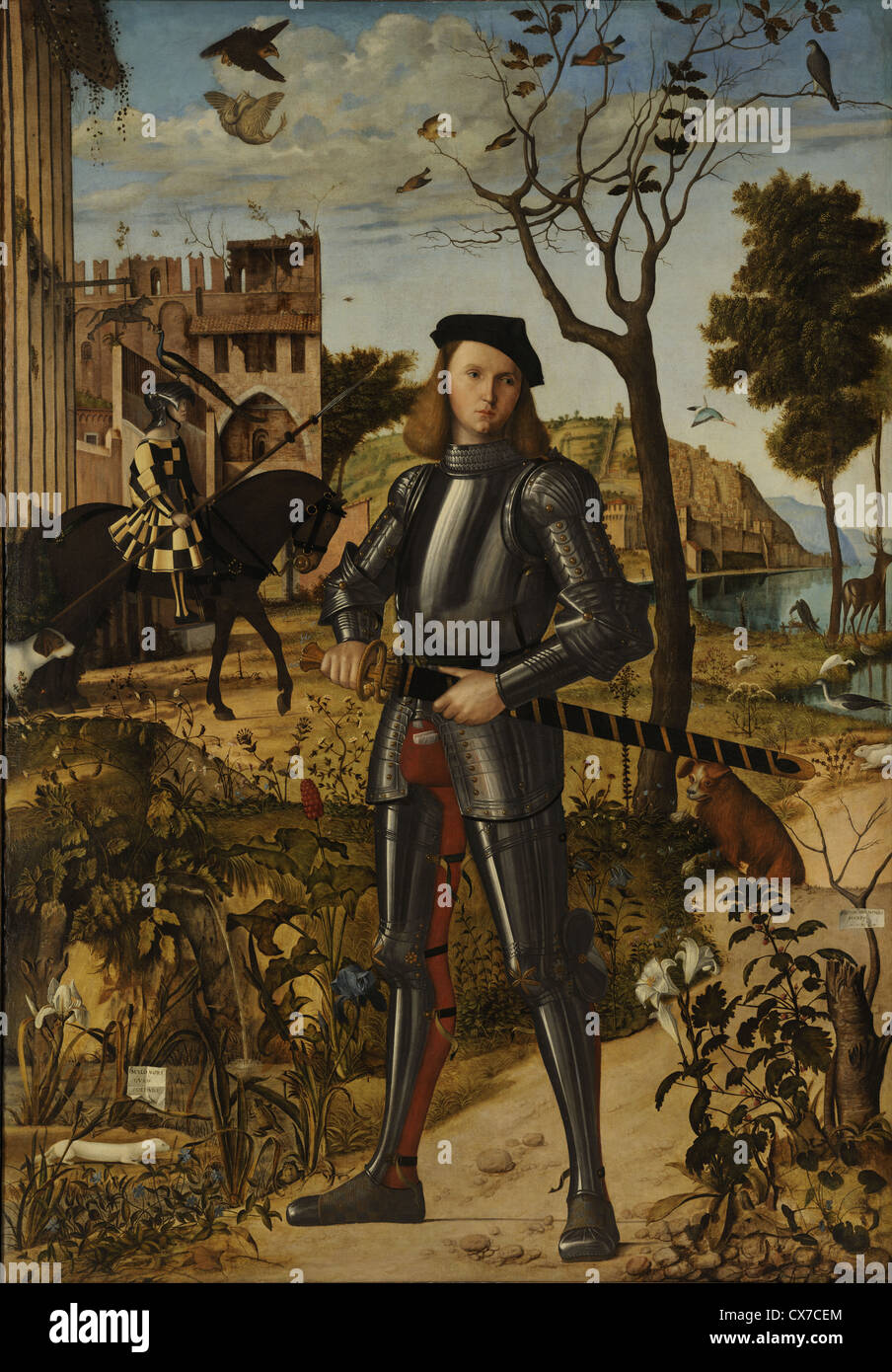 Giovane cavaliere in un paesaggio da Vittore Carpaccio, circa 1510 - molto alta qualità e risoluzione di immagine Foto Stock