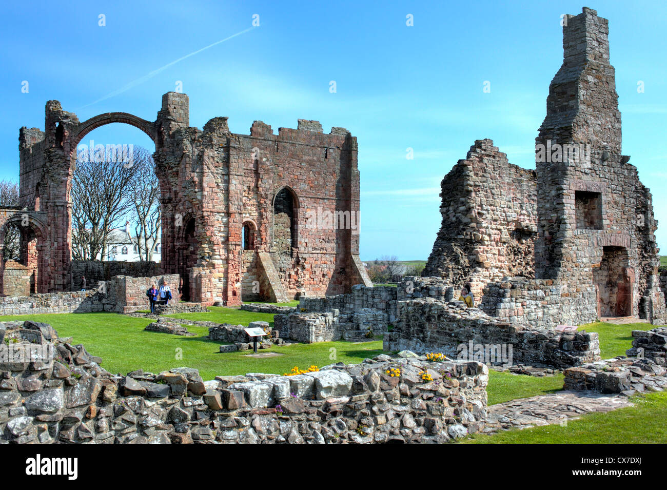 Rovine di Abbazia, Lindisfarne, Isola Santa, Northumberland, North East England, Regno Unito Foto Stock