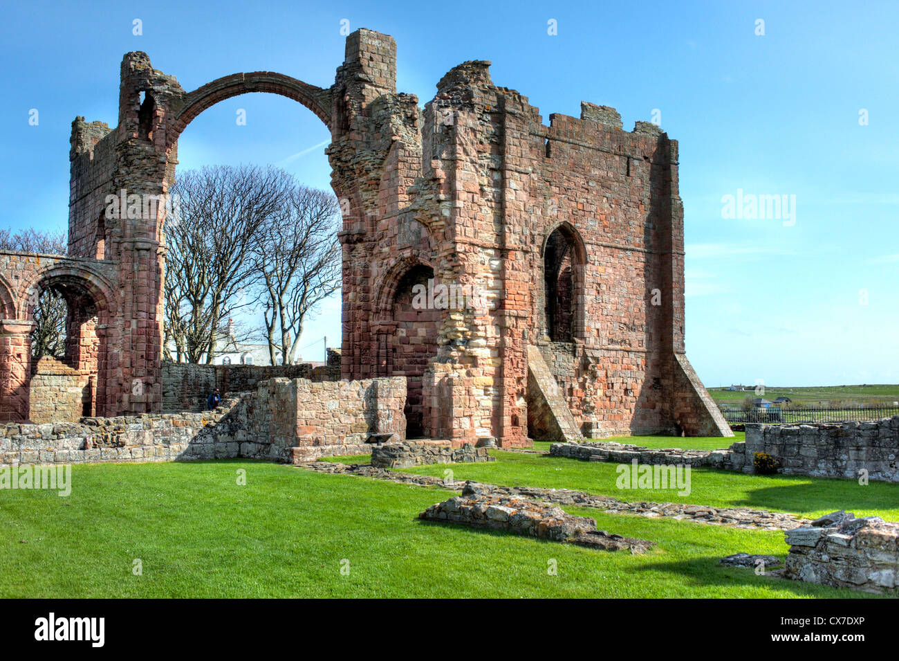 Rovine di Abbazia, Lindisfarne, Isola Santa, Northumberland, North East England, Regno Unito Foto Stock