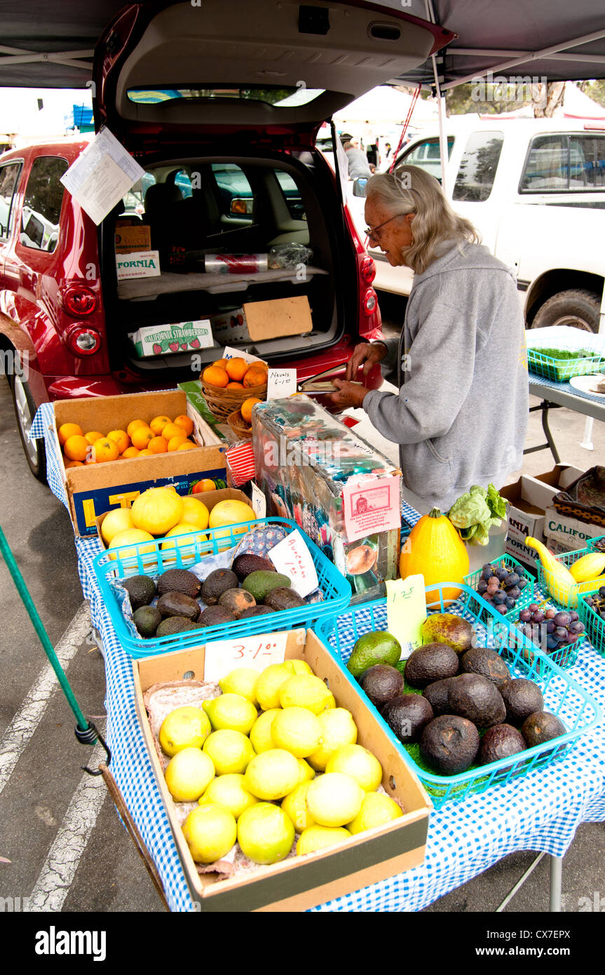 Uomo che frequentano il suo frutto al mercato agricolo Foto Stock