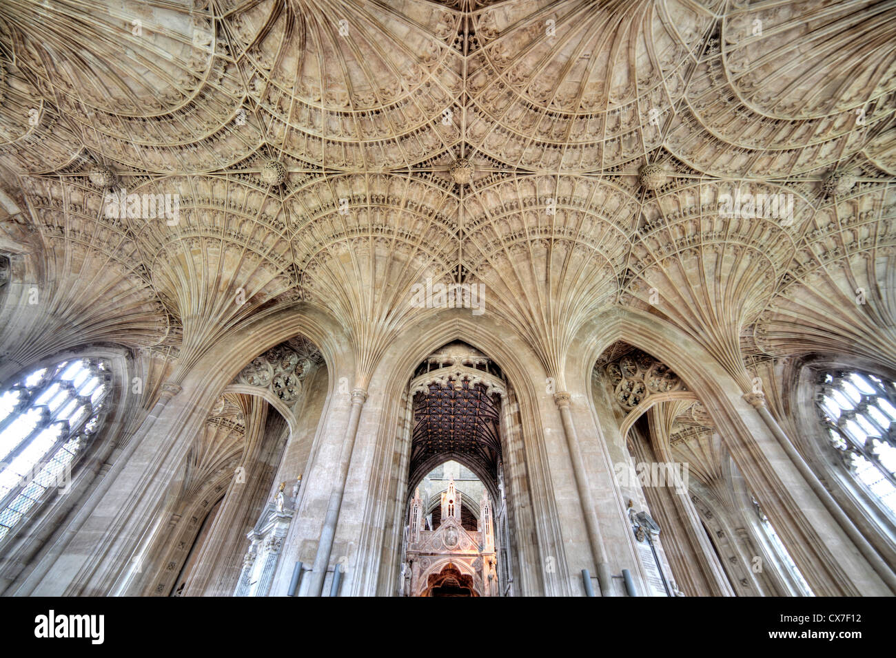 Archivio della ventola in retrochoir, Peterborough Cathedral, Peterborough, CAMBRIDGESHIRE, England, Regno Unito Foto Stock