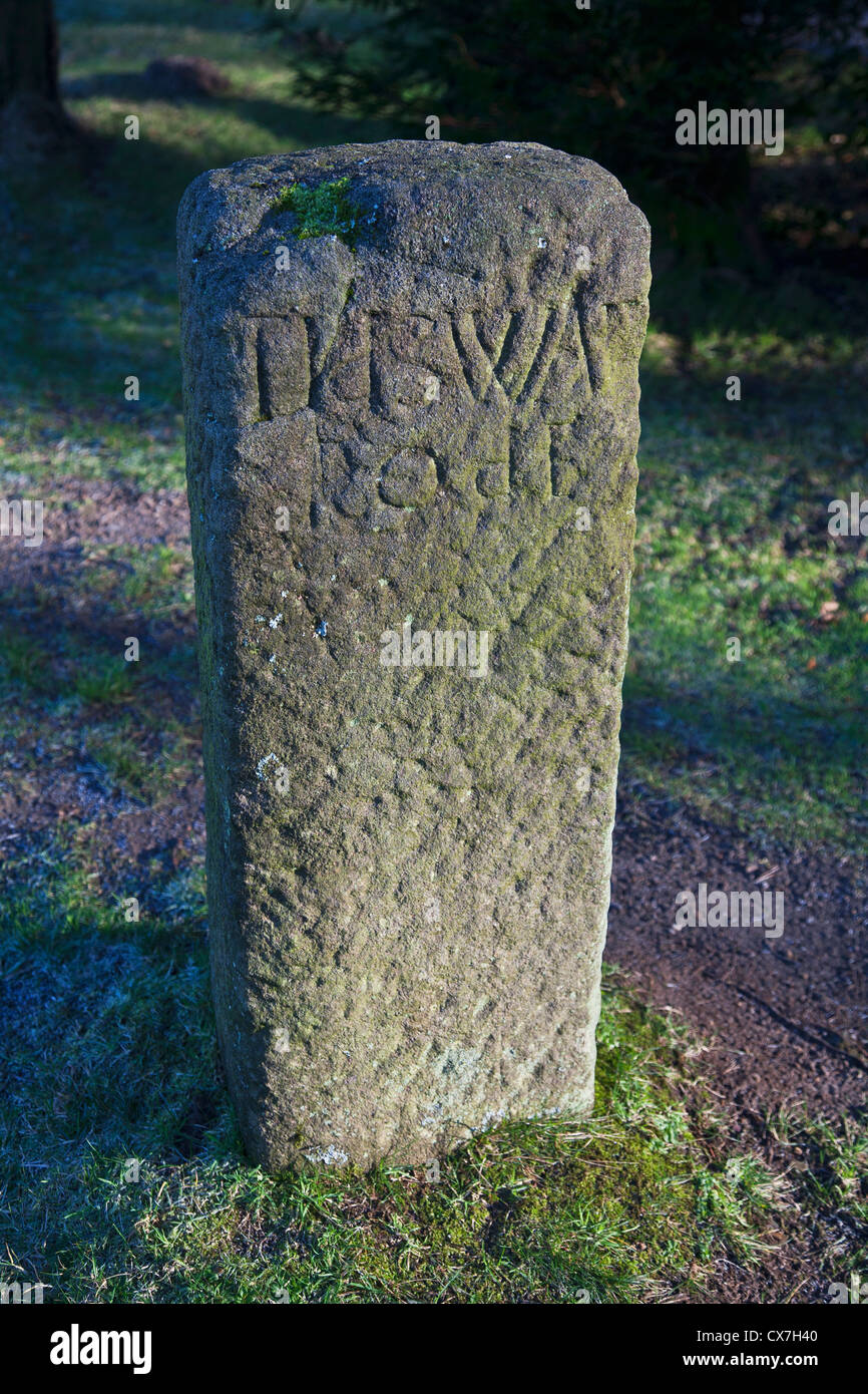 Un vecchio marcatore in pietra con iscrizione usurati; Derbyshire, Inghilterra Foto Stock
