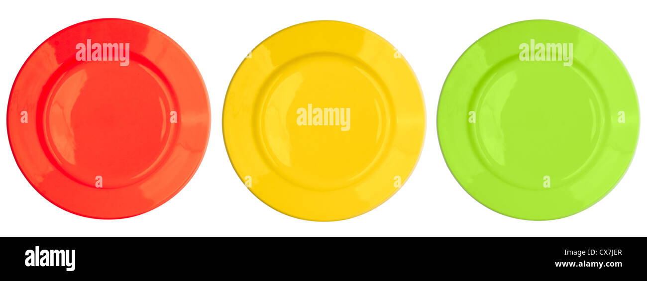 Rosso, giallo, verde, colore set di piastre isolato su bianco Foto Stock