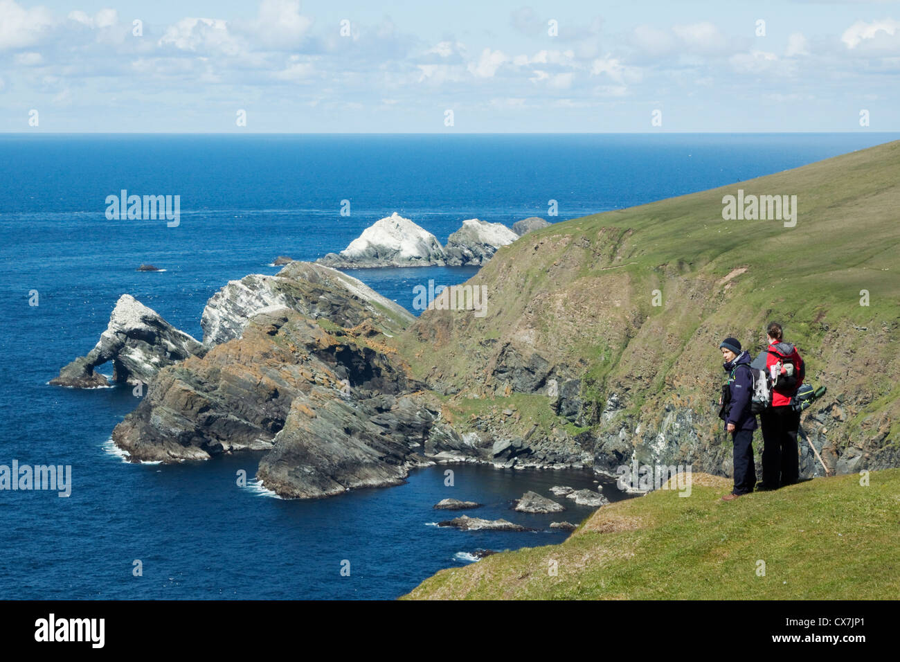 Gli amanti del birdwatching a bordo scogliera a Hermaness Riserva Naturale, Unst Shetland, REGNO UNITO LA005866 Foto Stock