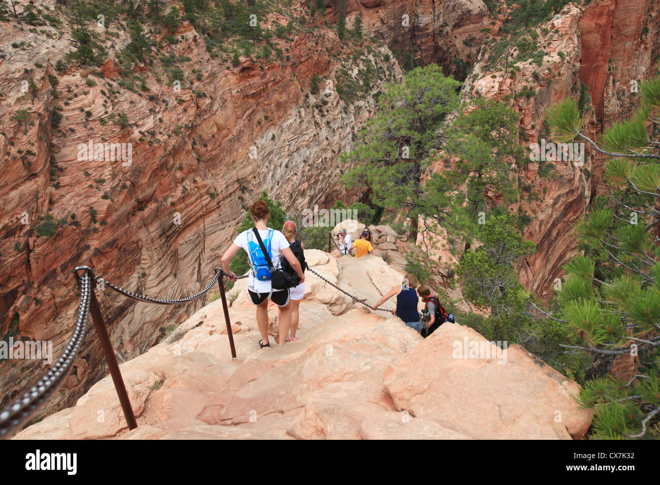 Escursioni a piedi verso il basso a partire da angeli di atterraggio vertice trail nel parco nazionale di Zion, Utah, Stati Uniti d'America Foto Stock